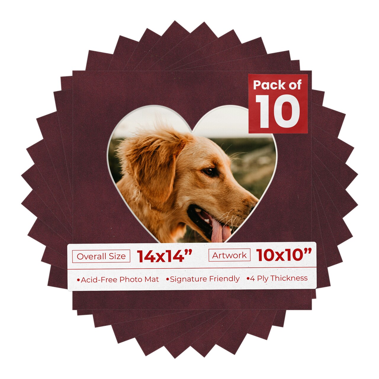 Dark Red Suede Mat Board for 14x14 Frames - Heart Opening for 10x10 Photos